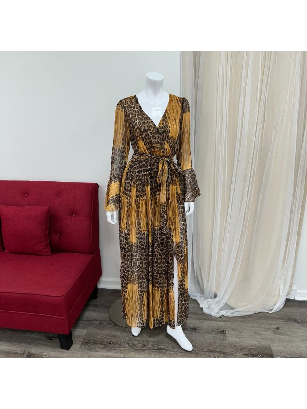 Small Cheetah Print Chiffon Summer Long Sleeve Sundress Beach Cover Up
